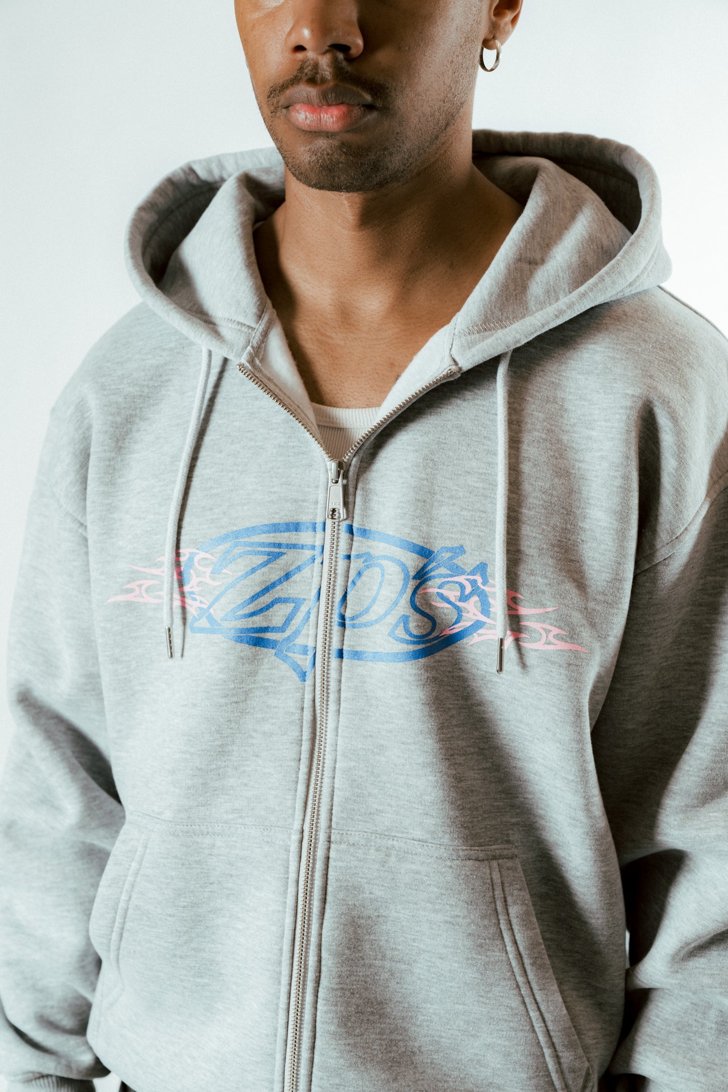 PRINTED ZIPPER HOODIE - GREY