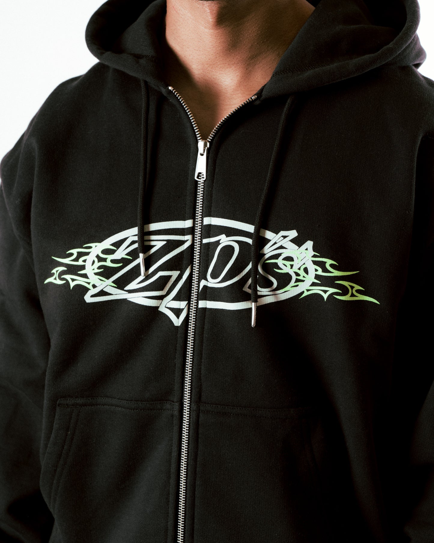 PRINTED ZIPPER HOODIE - BLACK