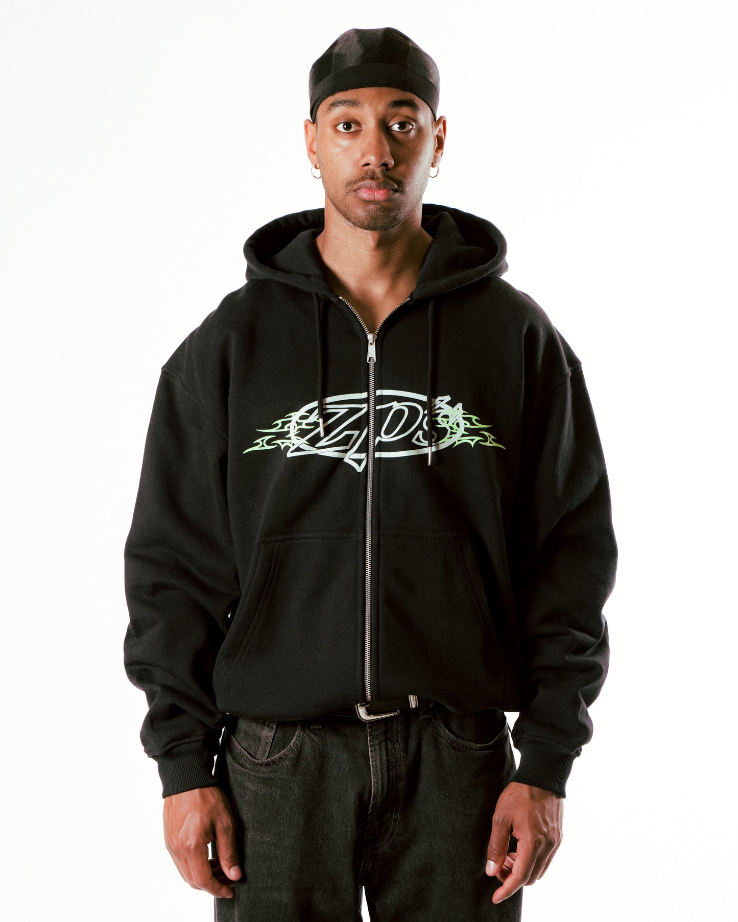 PRINTED ZIPPER HOODIE - BLACK